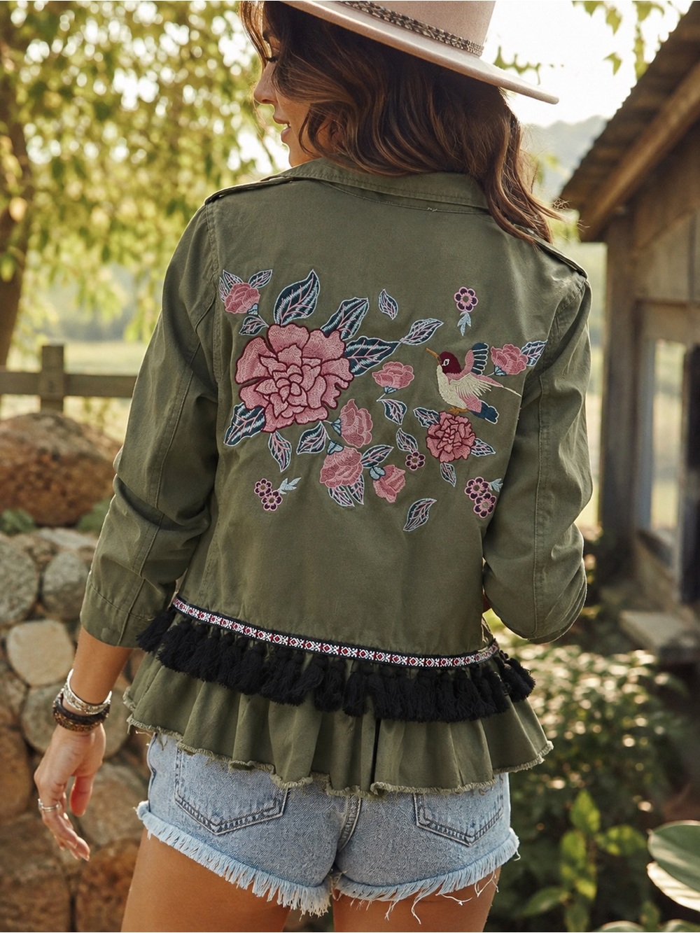 ODDI Olive Green Embroidered Military Utility Jacket Floral Bird Peplum